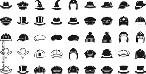 Hat silhouettes collection with various headwear styles including caps beanies cowboy and formal hats isolated on transparent background vector illustration set