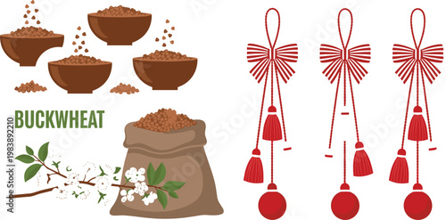 Buckwheat Grain Bowls and Sack with Floral Branch and Red Decorative Tassel Ornaments, Flat Vector Illustration Set of Organic Food and Festive Holiday Decoration Elements