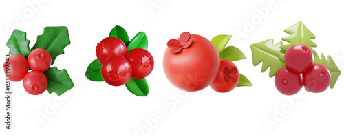 Set of four festive Christmas berry clusters with green leaves and pine needles