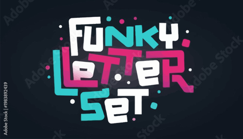 Colorful funky letter set with white pink and blue typography on black background with decorative dots and swirls