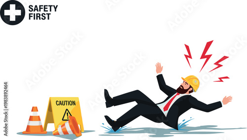 Safety first concept with electrical hazard warning, damaged wires and risk alert symbol for workplace safety and accident prevention