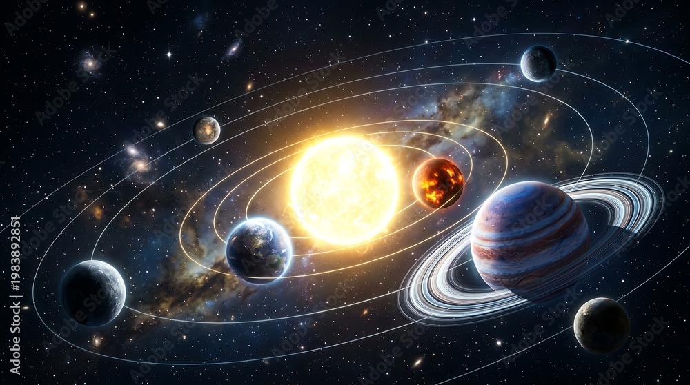 Obraz premium Solar system planets orbit sun in space with stars and celestial bodies visible