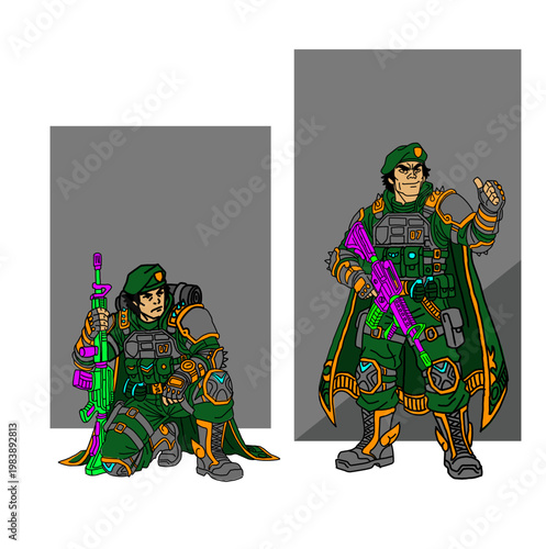 Set of 2 futuristic special forces soldiers. Military characters in tactical green armor with sci-fi weapons. Standing and kneeling combat poses for gaming, esports, and comic concept art.