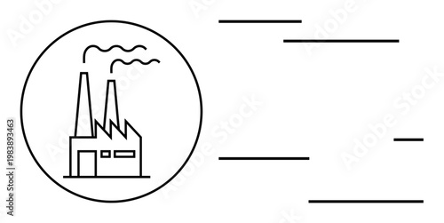Industrial production, pollution awareness, manufacturing, energy consumption, climate impact, sustainability. Factory building with chimneys emitting smoke, surrounded by motion lines. Industrial