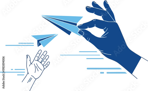 Hands throwing and catching paper airplanes in a creative motion with blue lines