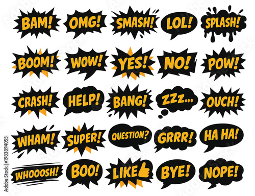 Retro comic book speech bubbles set, yellow and black pop art sound effects, 25 vector explosion clouds with onomatopoeia text for graphic design