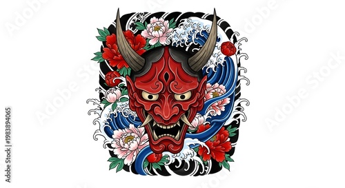 Vibrant Japanese Oni mask surrounded by colorful waves and flowers