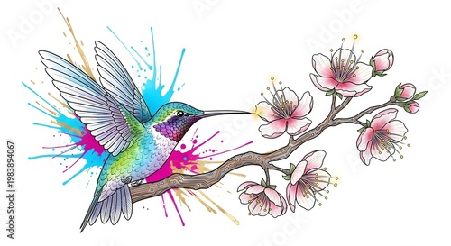 Vibrant hummingbird perches on blooming branch with colorful flowers nearby