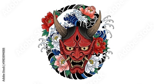 Intricate Japanese Oni Demon Hannya Mask with Peonies and Waves