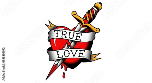 True Love Heart Tattoo With Dagger And Banner
