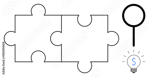 Problem solving, idea generation, innovation, financial planning, business strategies, decision making. Two puzzle pieces, magnifying glass lightbulb with dollar sign. Problem solving idea