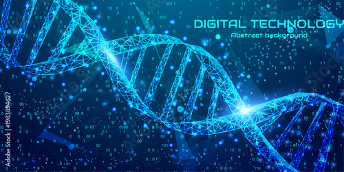 Abstract DNA double helix in futuristic technology style. Science concept. DNA blue background. Genetic and biology vector illustration. Digital gene. Low poly wireframe. Geometric 3D biology concept
