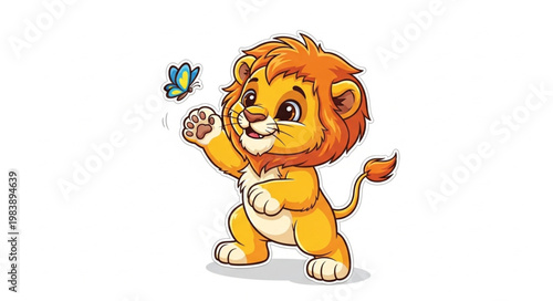 Cute cartoon lion cub playing with a butterfly.