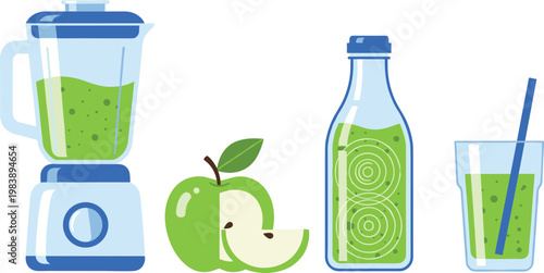 Green smoothie and apple juice set with blender, bottle and glass, healthy detox drink illustration for nutrition and lifestyle design