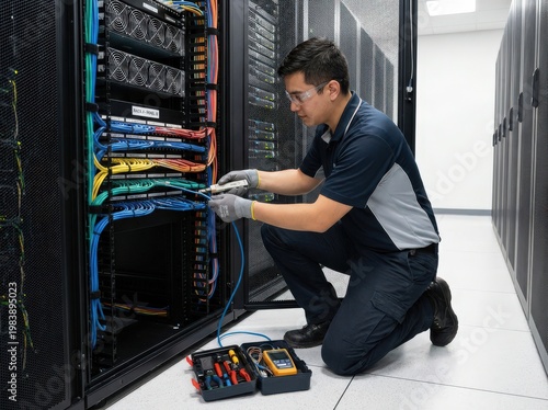 Data center technician maintaining server rack with cables and tools