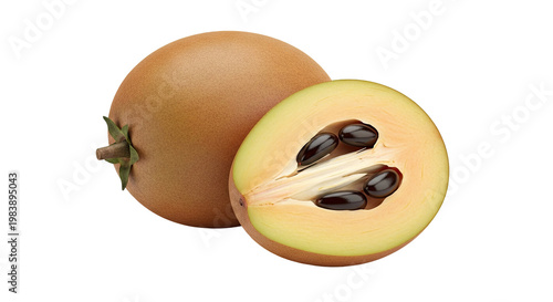 Sapodilla fruit, whole and halved, showing seeds