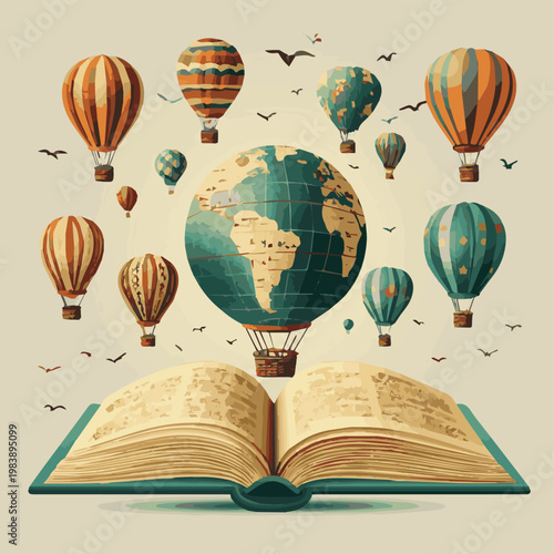 Explore the world through imaginative hot air balloons soaring from an open book, symbolizing adventure and discovery.
