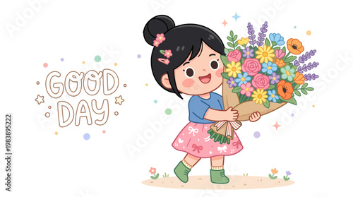 Charming illustration of a joyful little girl with a big, vibrant floral bouquet, spreading cheer and positivity for a wonderful good day