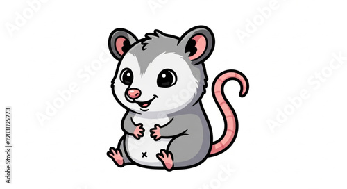 Cute Cartoon Opossum Sitting Adorable Wildlife Illustration.