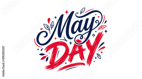 May Day Celebration Typography with Decorative Elements and Festive Red and Blue Colors on a White Background, Perfect for Holiday Graphics