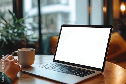 laptop with blank white screen on a wooden table beside a hand holding a coffee mug in a cozy window cafe setting, calm focused mood
