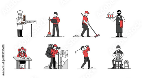 Collection of diverse professionals engaged in various occupations, illustrating a spectrum of human labor and activity