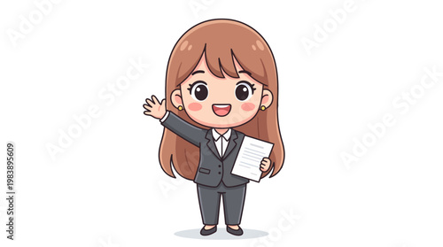 Cute Businesswoman Character Waving Hello and Holding Paper Document, Cartoon Style Illustration