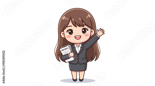 Happy business woman waving and holding documents, professional and friendly cartoon character in a suit, perfect for corporate and office settings