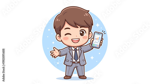 Animated businessman character winking and holding up a smartphone displaying a positive financial chart, perfect for business and finance presentations