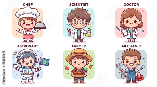 Cute Cartoon Illustrations of Diverse Professions Chef, Scientist, Doctor, Astronaut, Farmer, and Mechanic