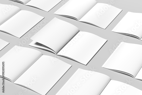 Minimalist mockup featuring multiple open magazine spreads with blank pages arranged on a clean neutral background. Ideal for showcasing editorial design, catalog layouts, brochures.