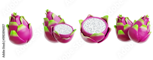 Vibrant Dragon Fruit Slices and Whole Fruits Displayed Artistically on a White Background, Showcasing Exotic Tropical Produce