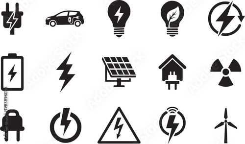 Electricity icon set. Collection of green energy icons. Icons for renewable energy, green technology. Flat style icon. Environmental sustainability simple symbol - stock vector.