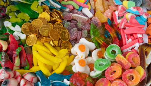 Traditional Ecuadorian Sweets Display for Corpus Christi Festival in Cuenca, Ecuador. Colorful candy in street market
