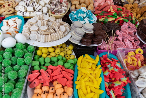 Traditional Ecuadorian Sweets Display for Corpus Christi Festival in Cuenca, Ecuador. Colorful candy in street market
