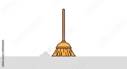 Broom with long wooden handle.