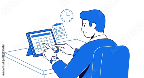 Businessman planning schedule on tablet with calendar app at desk