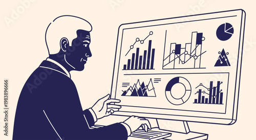 Businessman analyzing business data on a desktop computer monitor