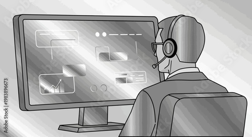 Businessman with headset working on computer viewing data display