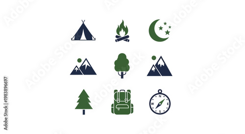 Camping icons and travel symbols.
