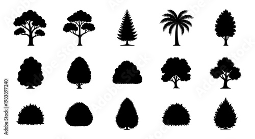 set of silhouette trees and bushes with different shapes and sizes
