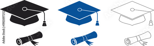 Graduation cap and diploma scroll set with minimalist line art icons for academic success and education vector