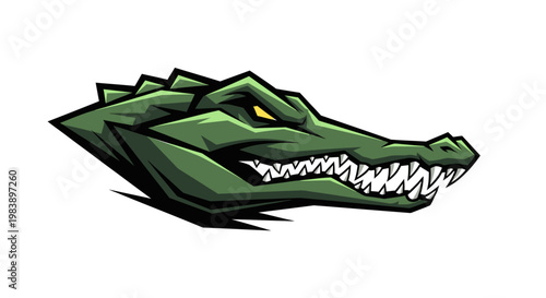 Green cartoon crocodile head closeup profile.