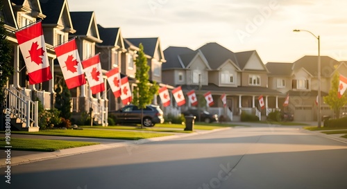 Canadian flags hang on houses along a suburban street with cars parked outside during daytime