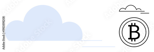 Financial technology, cloud computing, digital transactions, blockchain systems, cryptocurrency storage, decentralized networks. Minimalist cloud and Bitcoin symbol design. Cryptocurrency