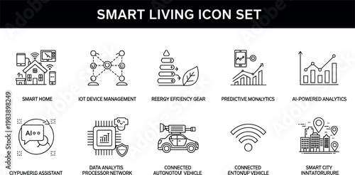 Smart living icon set with IoT devices AI analytics connected home automation smart city technology vector illustration