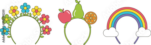 Cute headband accessories set with flowers, fruits and rainbow, colorful cartoon hair bands illustration for kids fashion and costume design