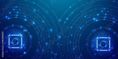 Bright neon circular HUD element on circuit board background. Futuristic chip design with glowing AI portal technology and digital processor patterns. Tech digital frame. Vector bg

