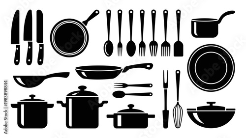 Kitchen Utensils Silhouette Vector Set Knives, Pots, Spoons and Cookware Collection