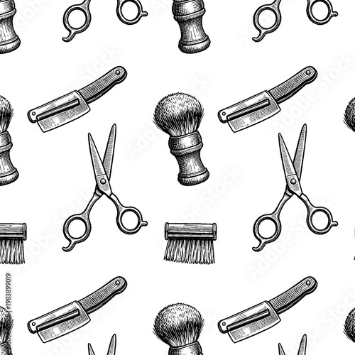 Antique barbershop grooming tools seamless pattern etching background